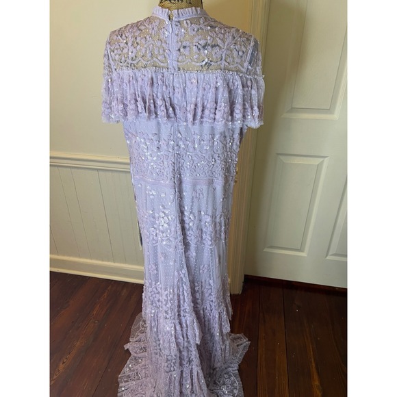 Mac Duggal 9195 Lavender Sequin Floral Lace Tiered Gown Ruffle Capelet Maxi - Picture 14 of 16